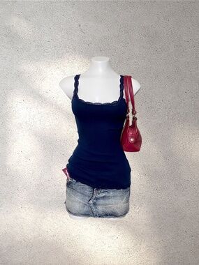 2000s Converse One Star Navy Blue Lace Trim Camisole